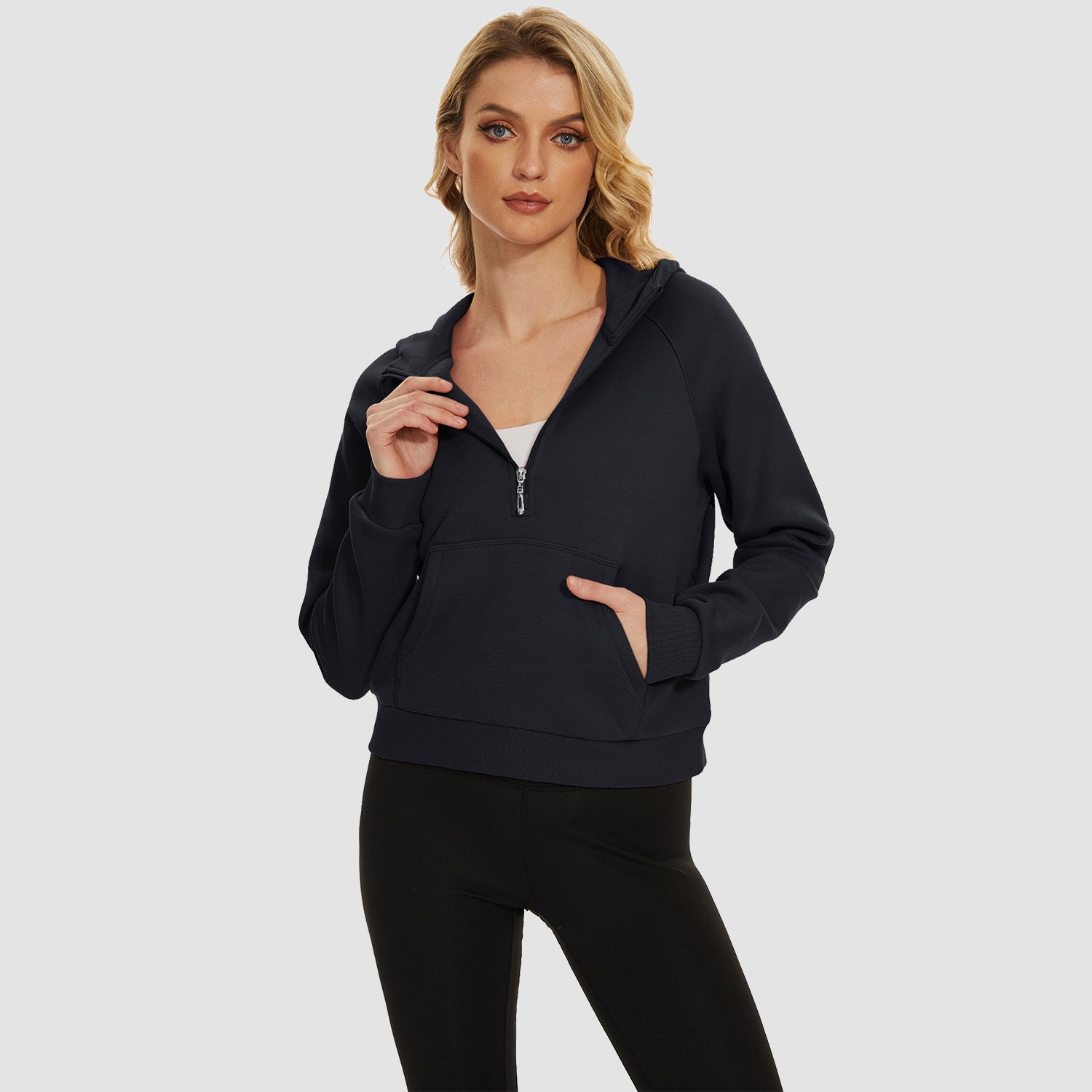 Womens Hoodie Fleece Lined 1/2 Zipper Sweatshirts Long Sleeve Crop Tops With Kangaroo Pocket - MAGCOMSEN