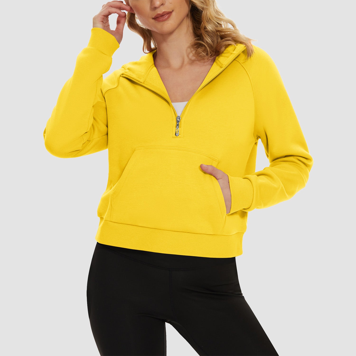 Womens Hoodie Fleece Lined 1/2 Zipper Sweatshirts Long Sleeve Crop Tops With Kangaroo Pocket - MAGCOMSEN