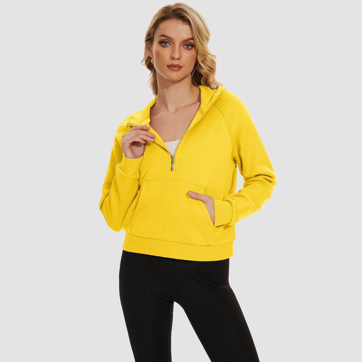 Womens Hoodie Fleece Lined 1/2 Zipper Sweatshirts Long Sleeve Crop Tops With Kangaroo Pocket - MAGCOMSEN