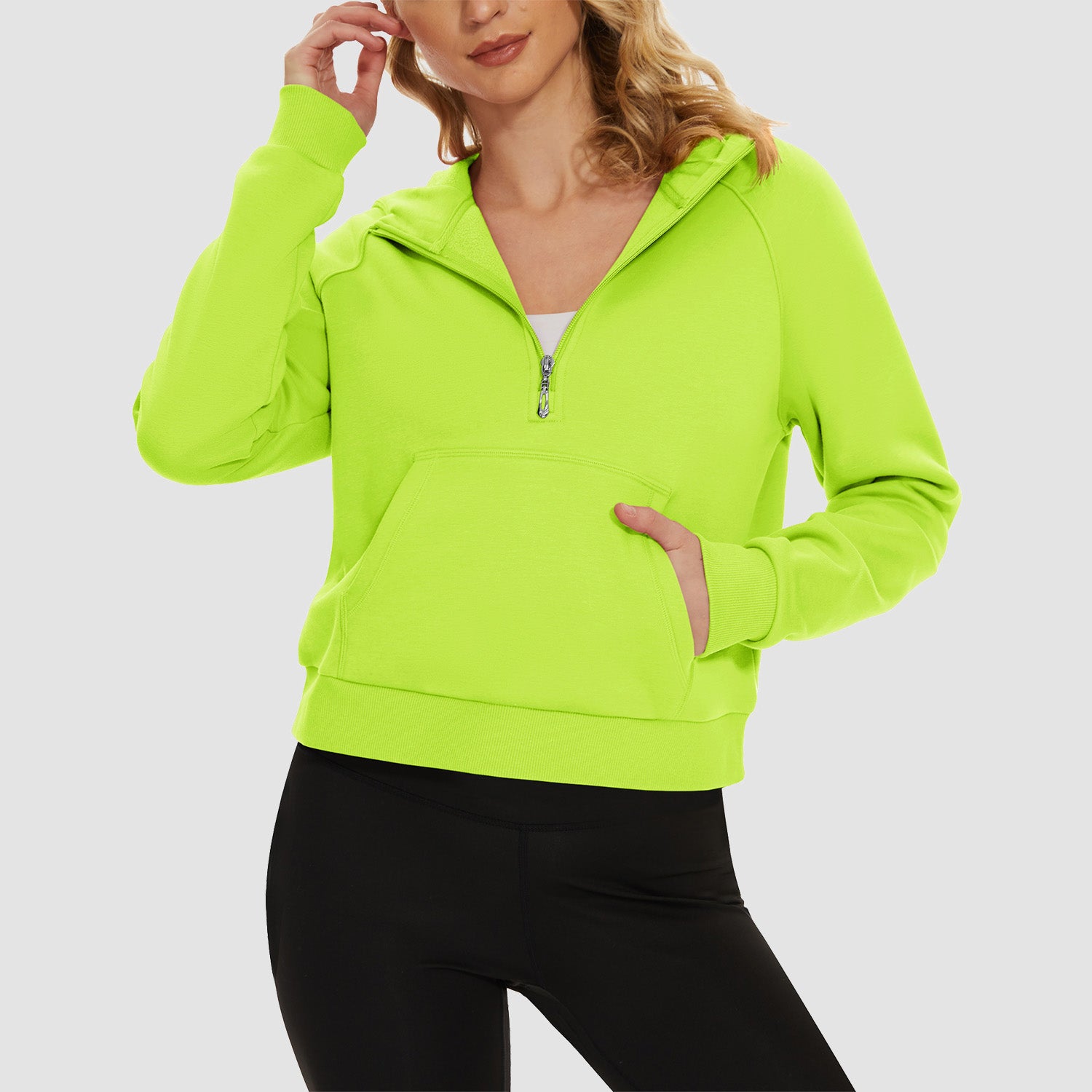 Womens Hoodie Fleece Lined 1/2 Zipper Sweatshirts Long Sleeve Crop Tops With Kangaroo Pocket - MAGCOMSEN