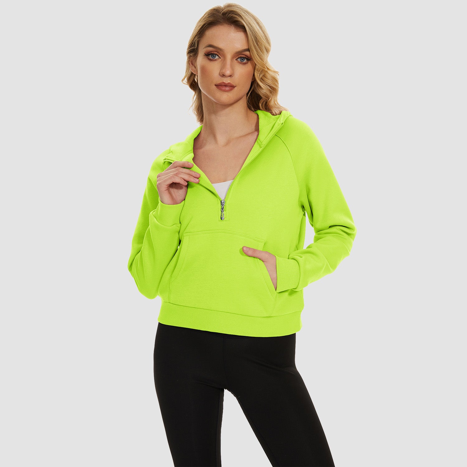 Womens Hoodie Fleece Lined 1/2 Zipper Sweatshirts Long Sleeve Crop Tops With Kangaroo Pocket - MAGCOMSEN