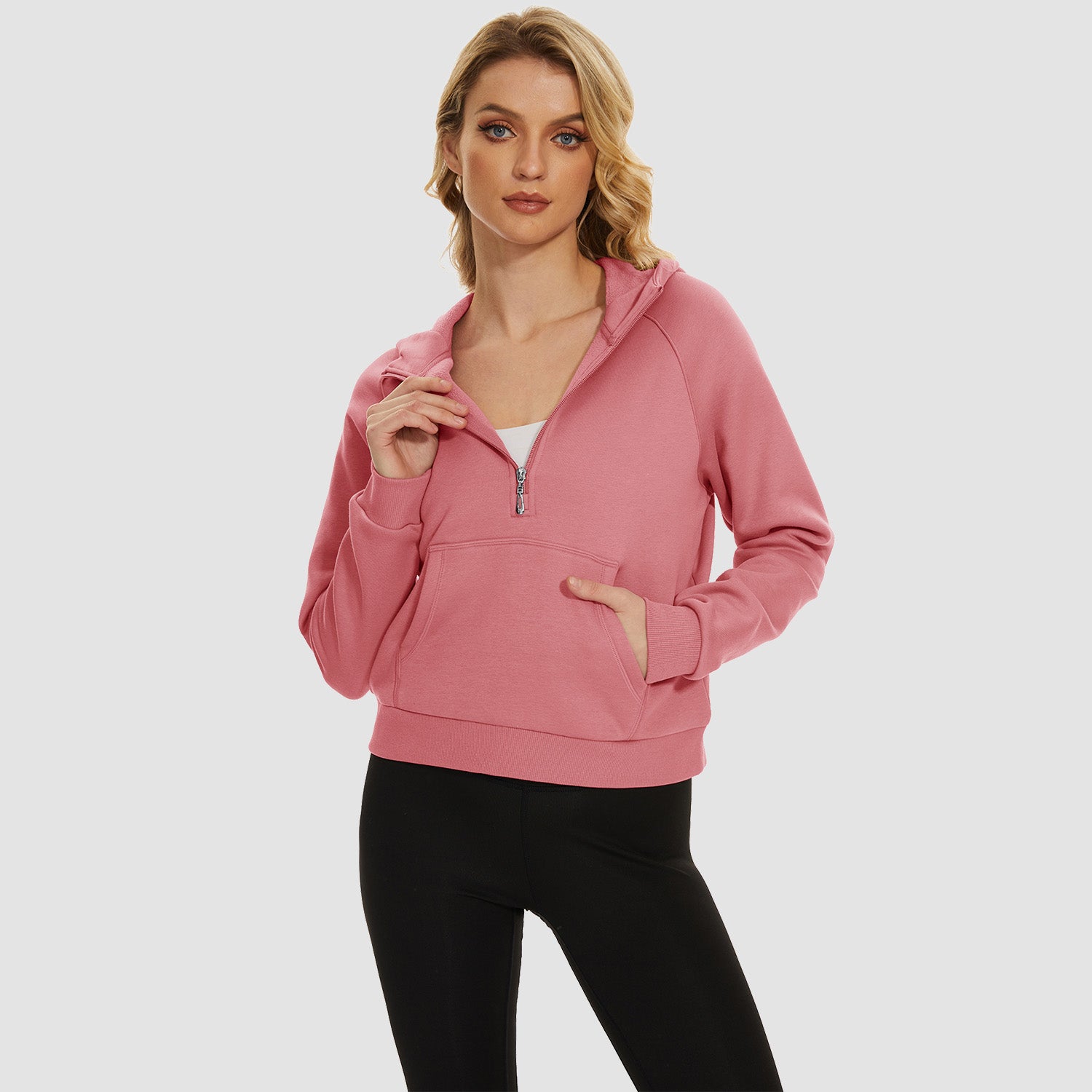 Womens Hoodie Fleece Lined 1/2 Zipper Sweatshirts Long Sleeve Crop Tops With Kangaroo Pocket - MAGCOMSEN