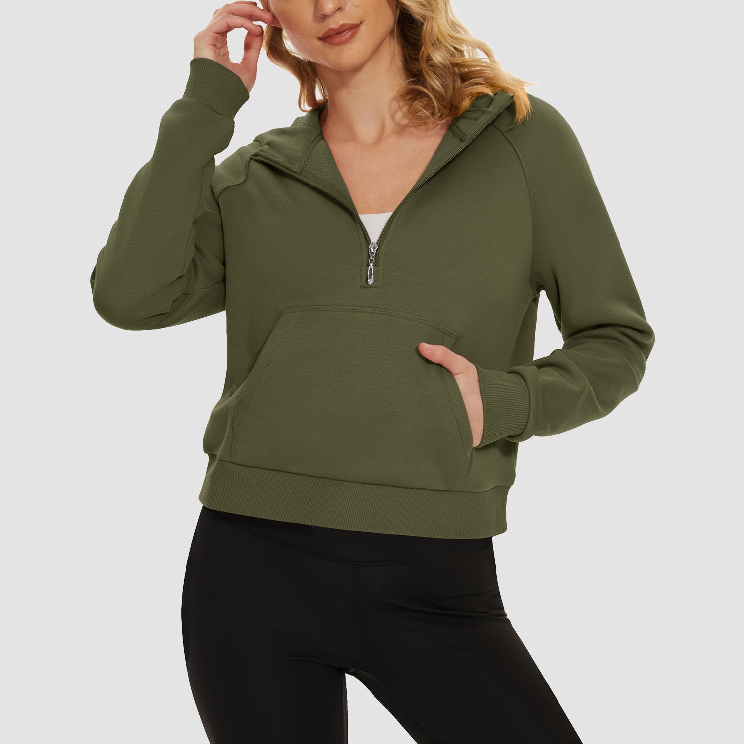 Womens Hoodie Fleece Lined 1/2 Zipper Sweatshirts Long Sleeve Crop Tops With Kangaroo Pocket - MAGCOMSEN