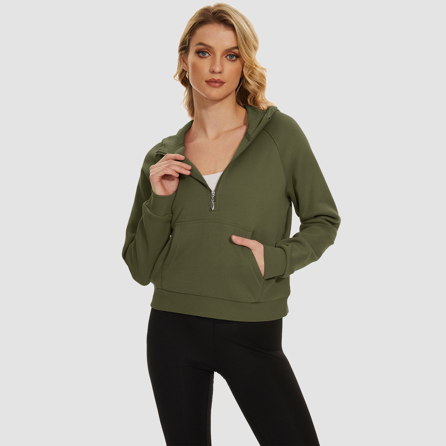 Womens Hoodie Fleece Lined 1/2 Zipper Sweatshirts Long Sleeve Crop Tops With Kangaroo Pocket - MAGCOMSEN