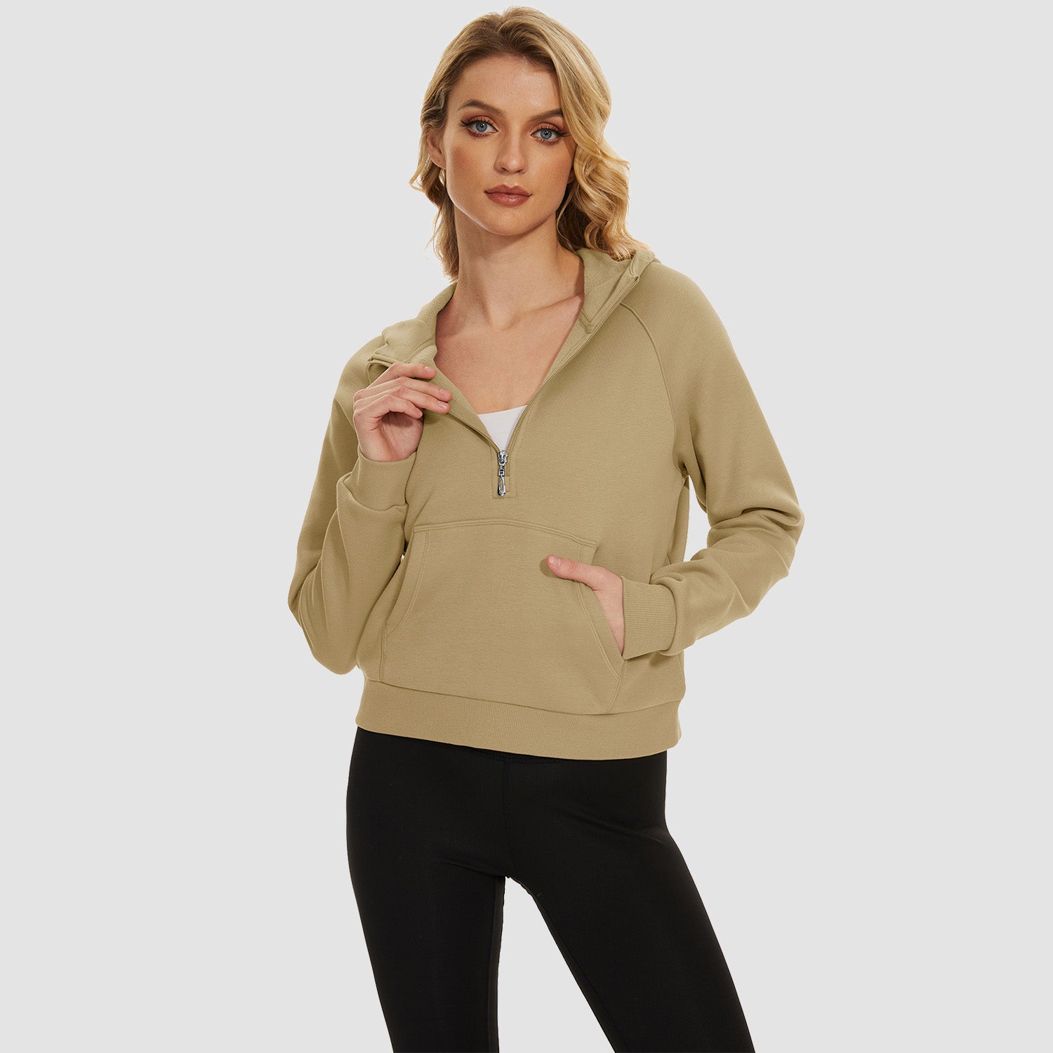 Womens Hoodie Fleece Lined 1/2 Zipper Sweatshirts Long Sleeve Crop Tops With Kangaroo Pocket - MAGCOMSEN