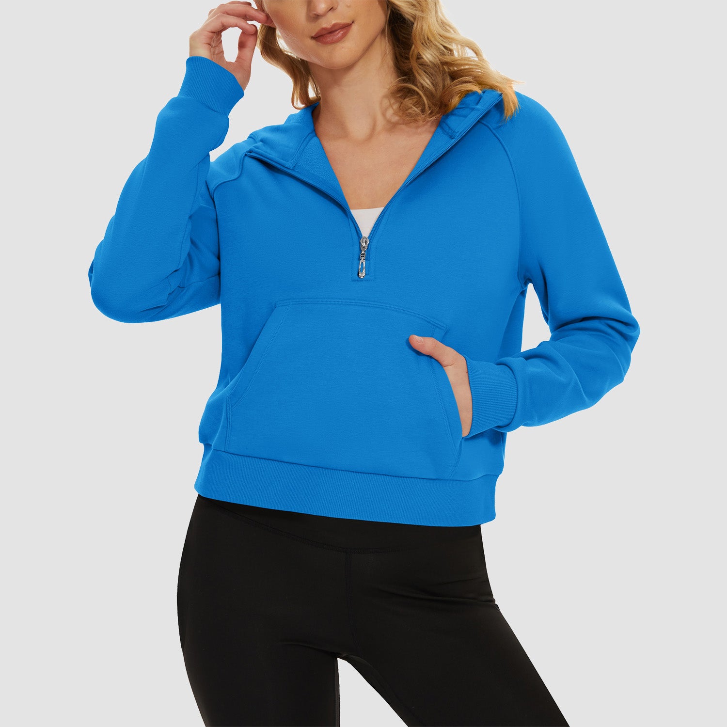 Womens Hoodie Fleece Lined 1/2 Zipper Sweatshirts Long Sleeve Crop Tops With Kangaroo Pocket - MAGCOMSEN