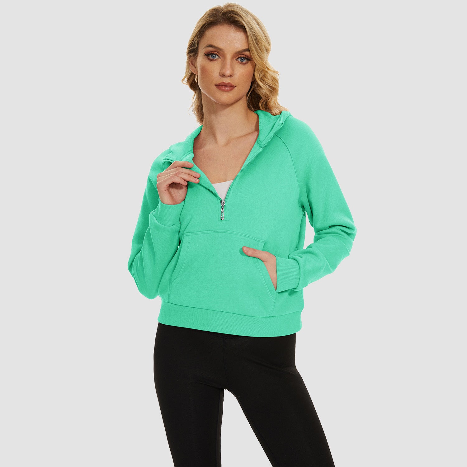 Womens Hoodie Fleece Lined 1/2 Zipper Sweatshirts Long Sleeve Crop Tops With Kangaroo Pocket - MAGCOMSEN