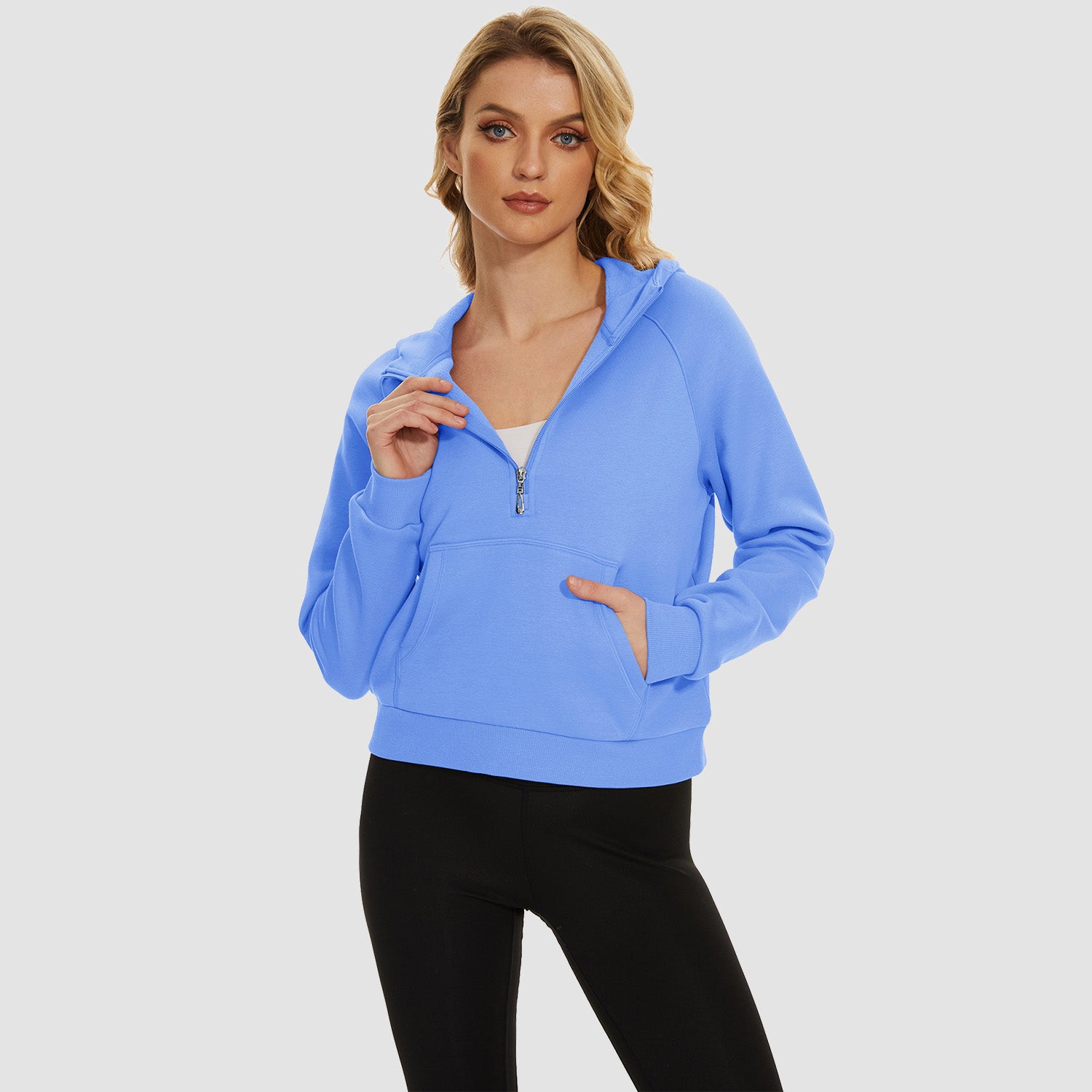 Womens Hoodie Fleece Lined 1/2 Zipper Sweatshirts Long Sleeve Crop Tops With Kangaroo Pocket - MAGCOMSEN