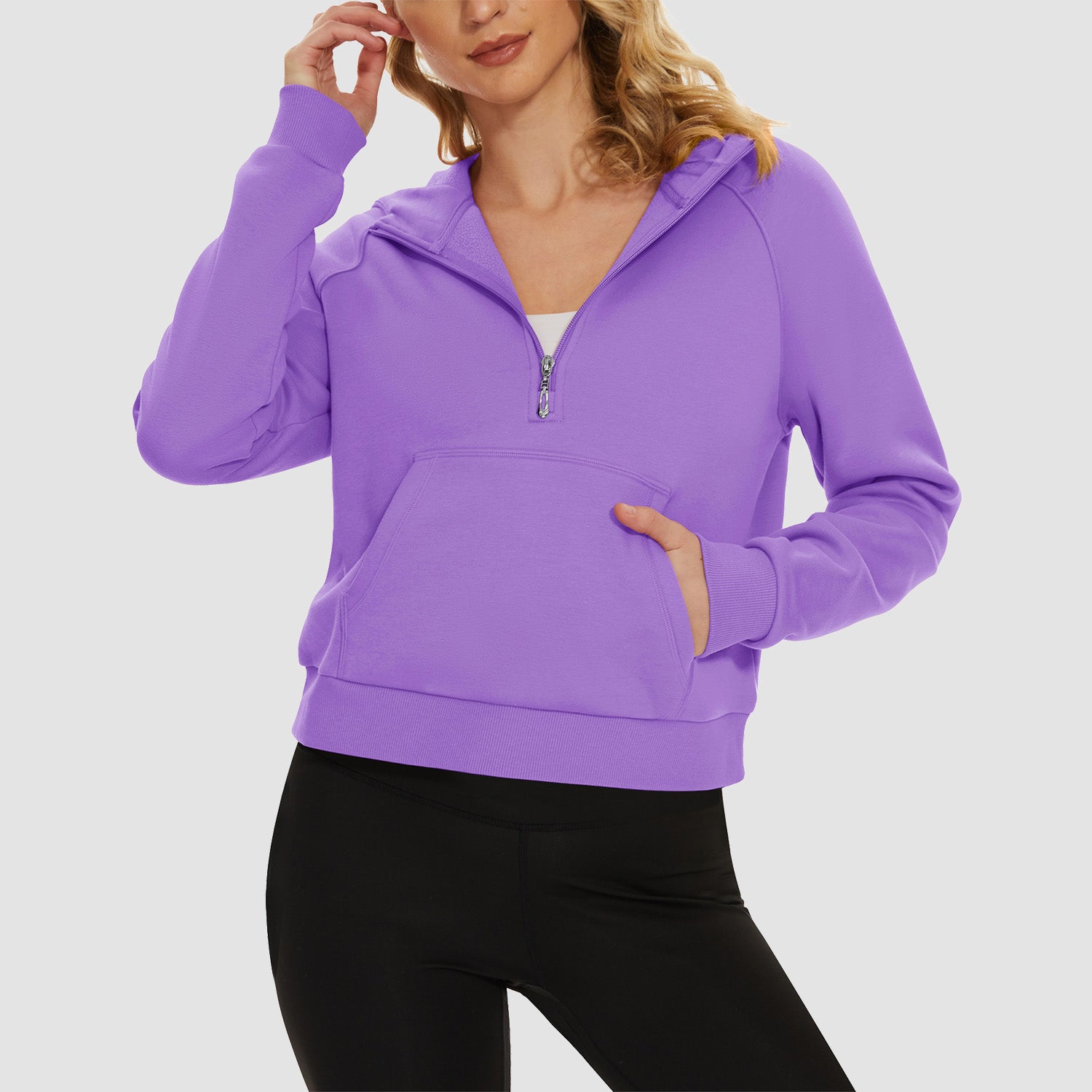 Womens Hoodie Fleece Lined 1/2 Zipper Sweatshirts Long Sleeve Crop Tops With Kangaroo Pocket - MAGCOMSEN