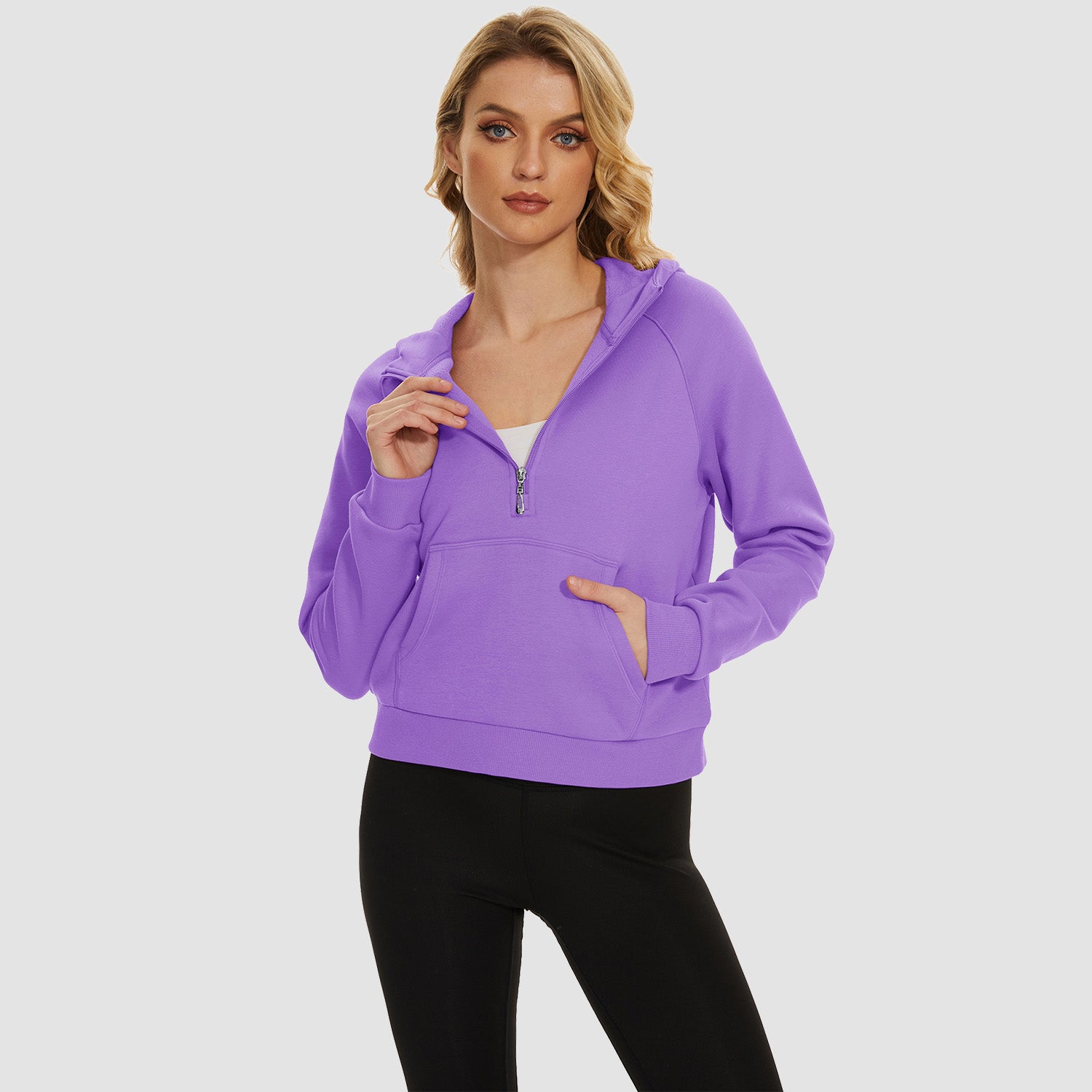 Womens Hoodie Fleece Lined 1/2 Zipper Sweatshirts Long Sleeve Crop Tops With Kangaroo Pocket - MAGCOMSEN