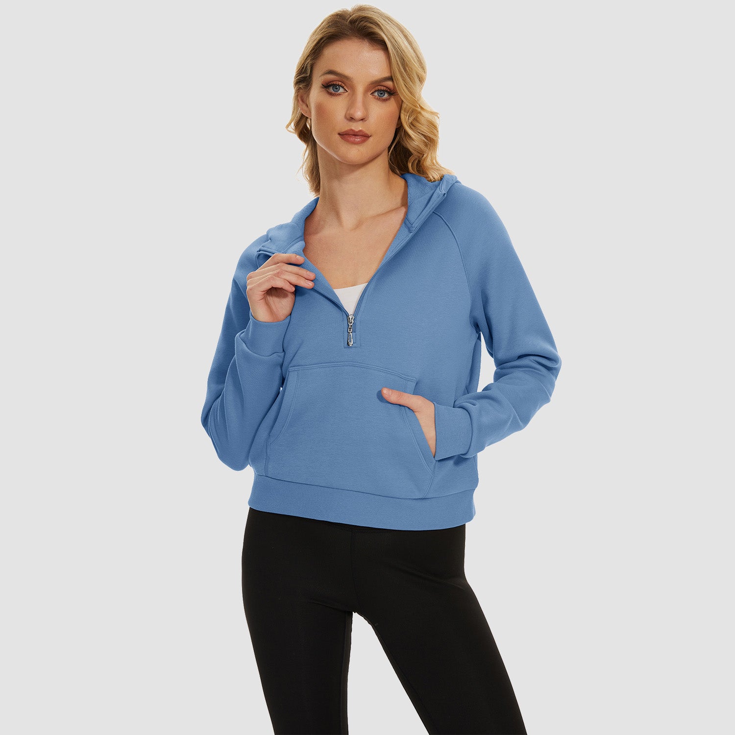 Womens Hoodie Fleece Lined 1/2 Zipper Sweatshirts Long Sleeve Crop Tops With Kangaroo Pocket - MAGCOMSEN
