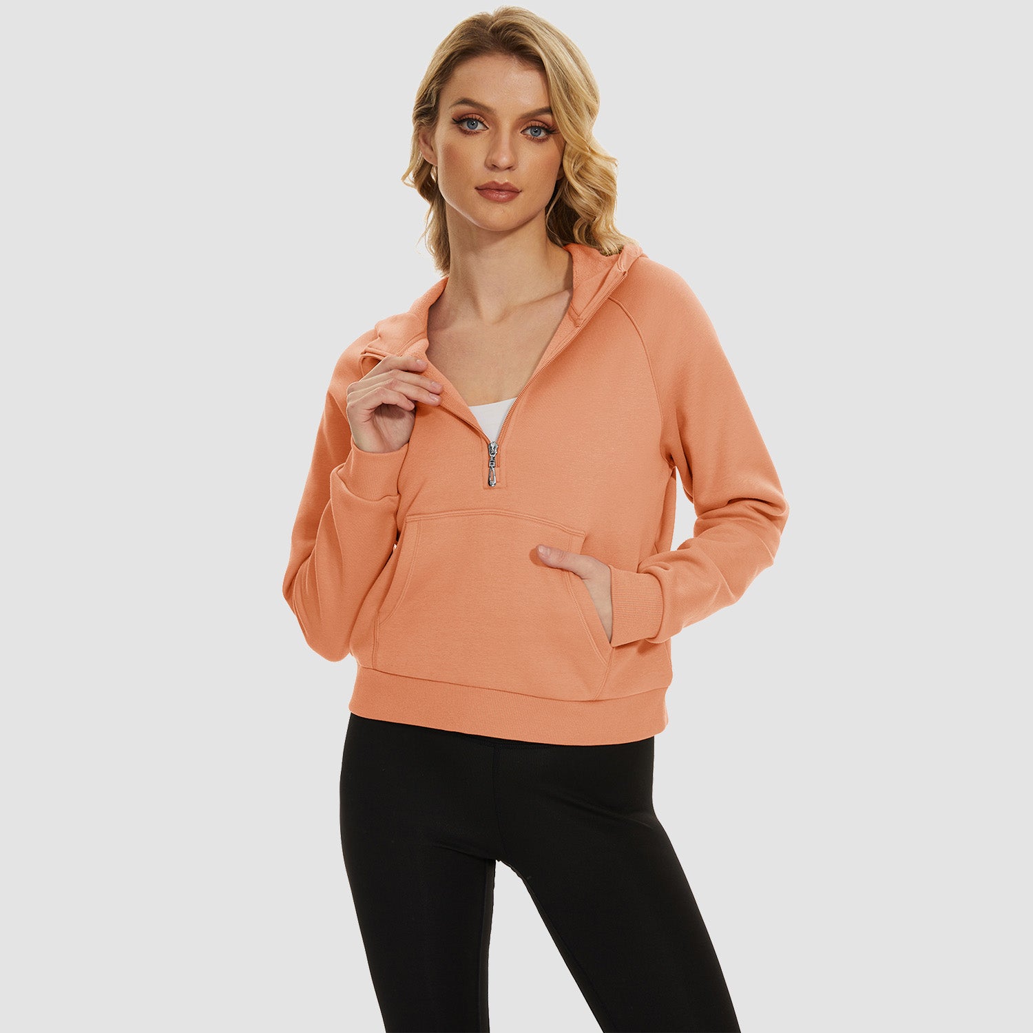 Womens Hoodie Fleece Lined 1/2 Zipper Sweatshirts Long Sleeve Crop Tops With Kangaroo Pocket - MAGCOMSEN