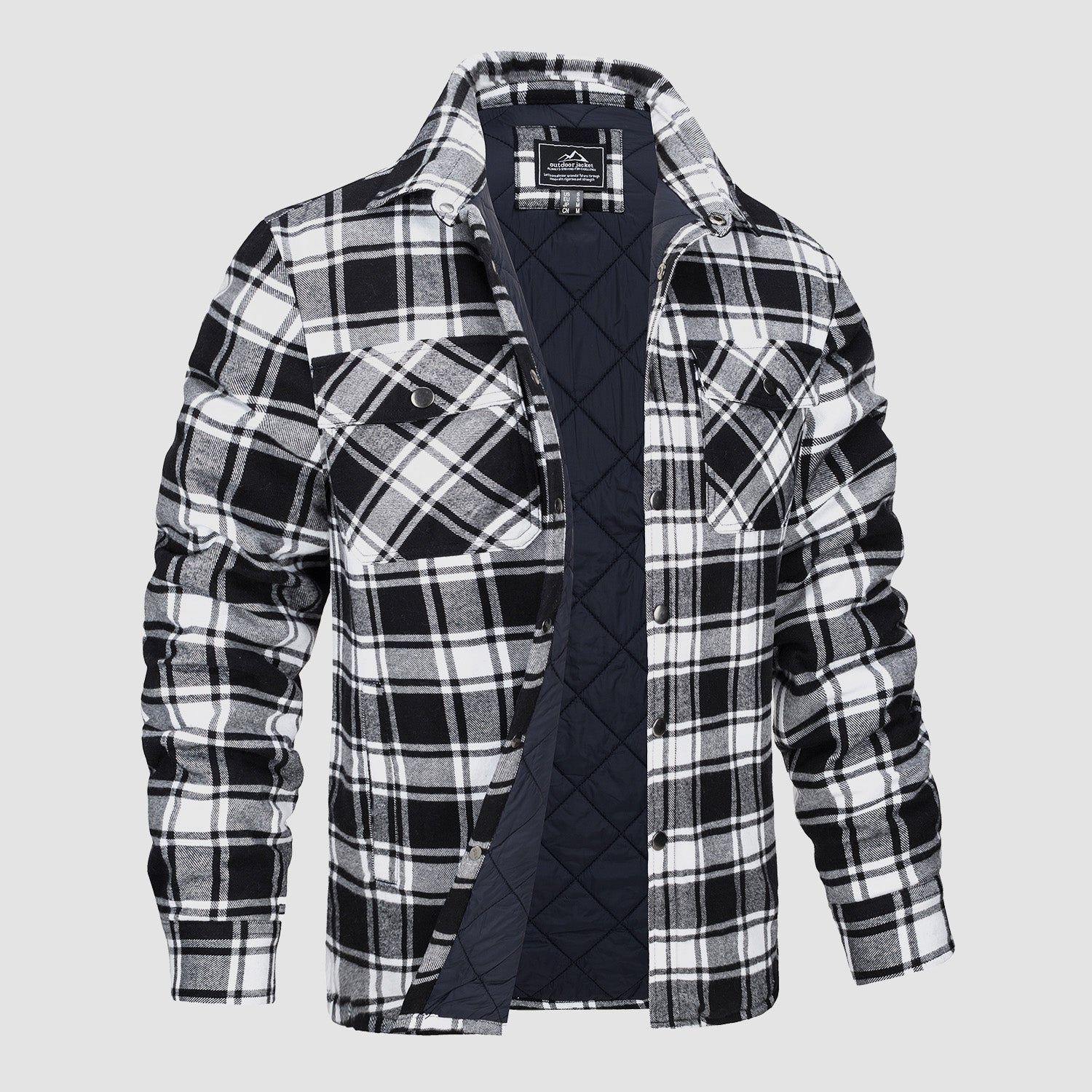 Black Men's Quilted Flannel Jacket - Warm Winter Padded Shirt - MAGCOMSEN