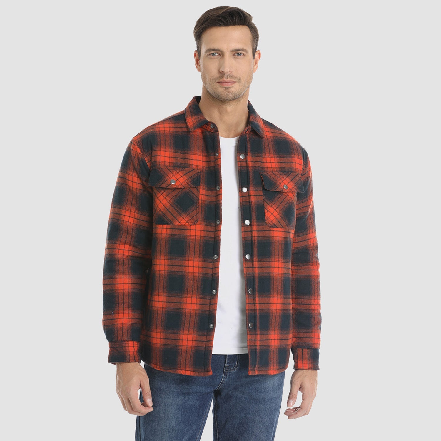 Orange Men's Quilted Flannel Jacket - Warm Winter Padded Shirt - MAGCOMSEN