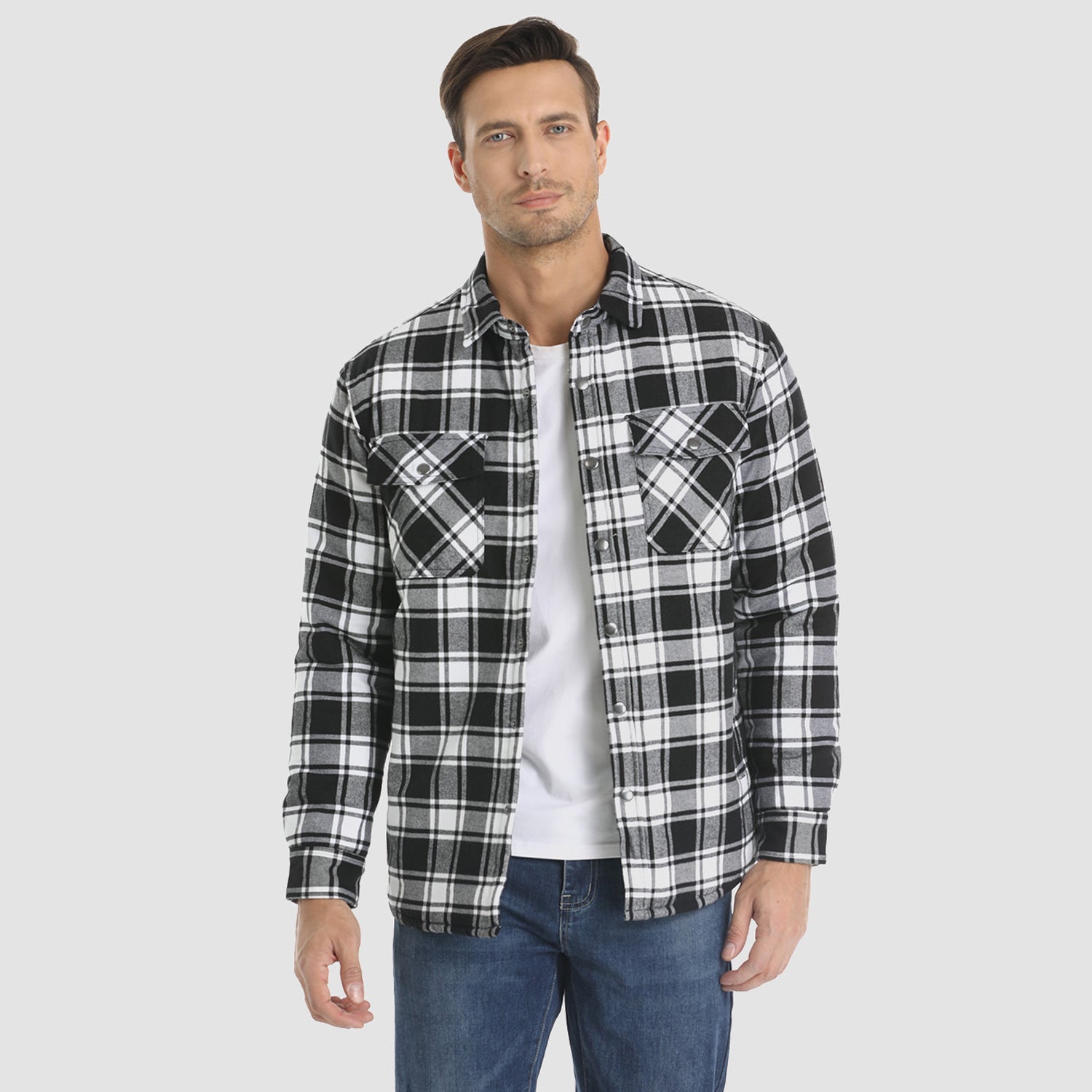 Black Men's Quilted Flannel Jacket - Warm Winter Padded Shirt - MAGCOMSEN