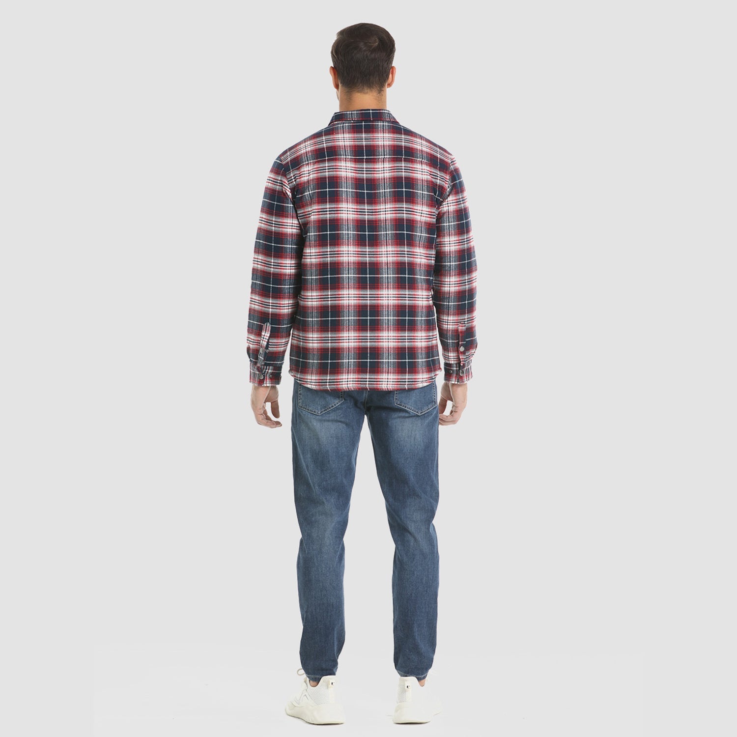 Red White Men's Quilted Flannel Jacket - Warm Winter Padded Shirt - MAGCOMSEN