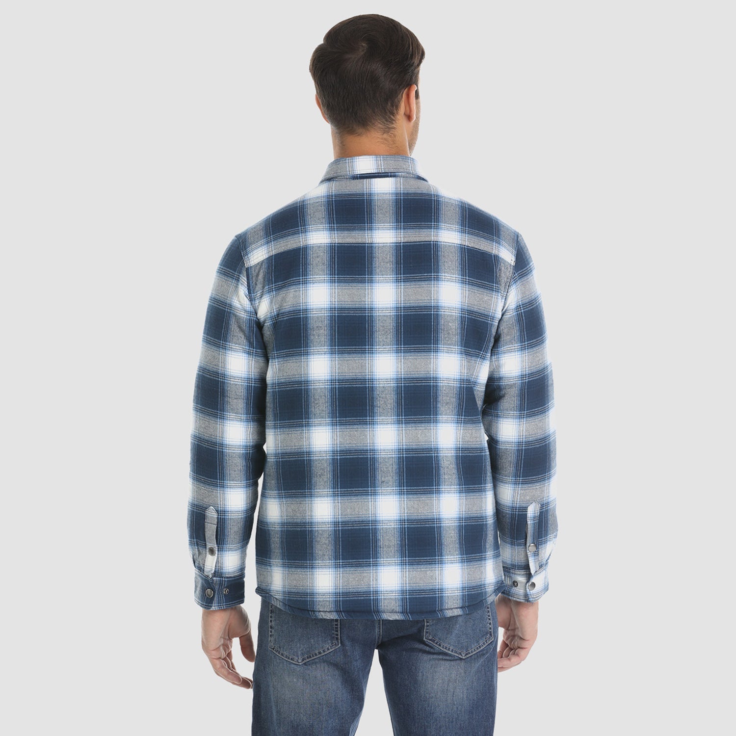 Blue White Men's Quilted Flannel Jacket - Warm Winter Padded Shirt - MAGCOMSEN
