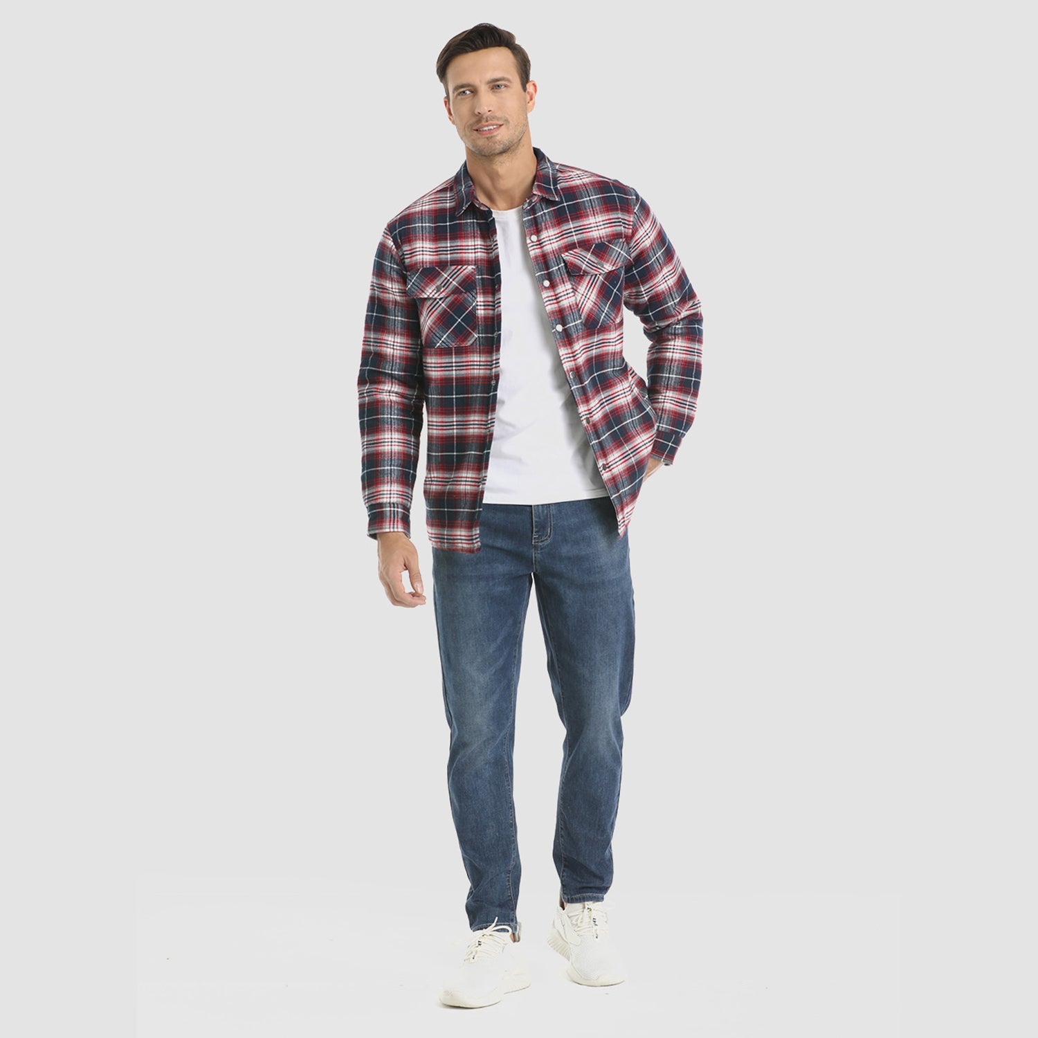 Red White Men's Quilted Flannel Jacket - Warm Winter Padded Shirt - MAGCOMSEN