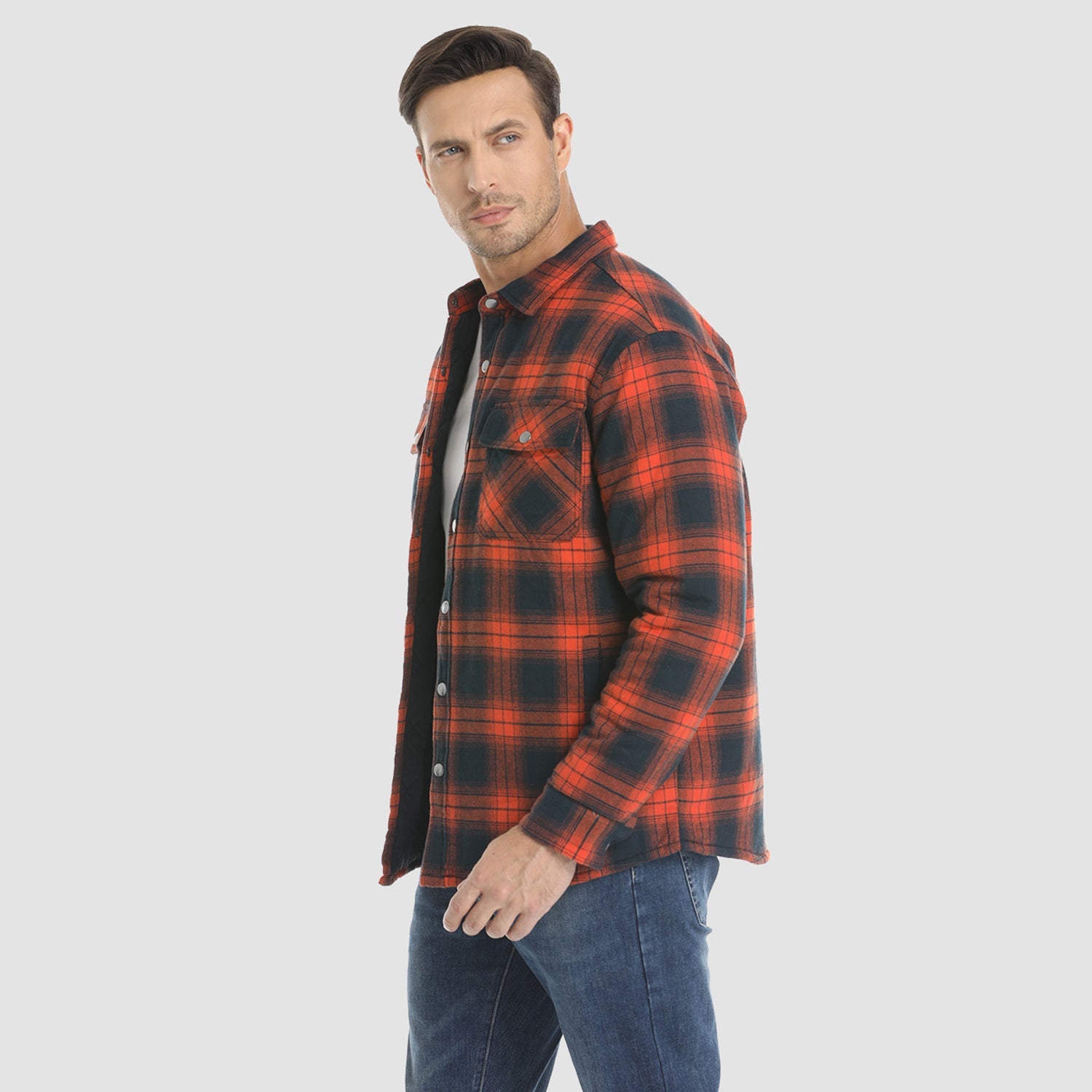 Orange Men's Quilted Flannel Jacket - Warm Winter Padded Shirt - MAGCOMSEN