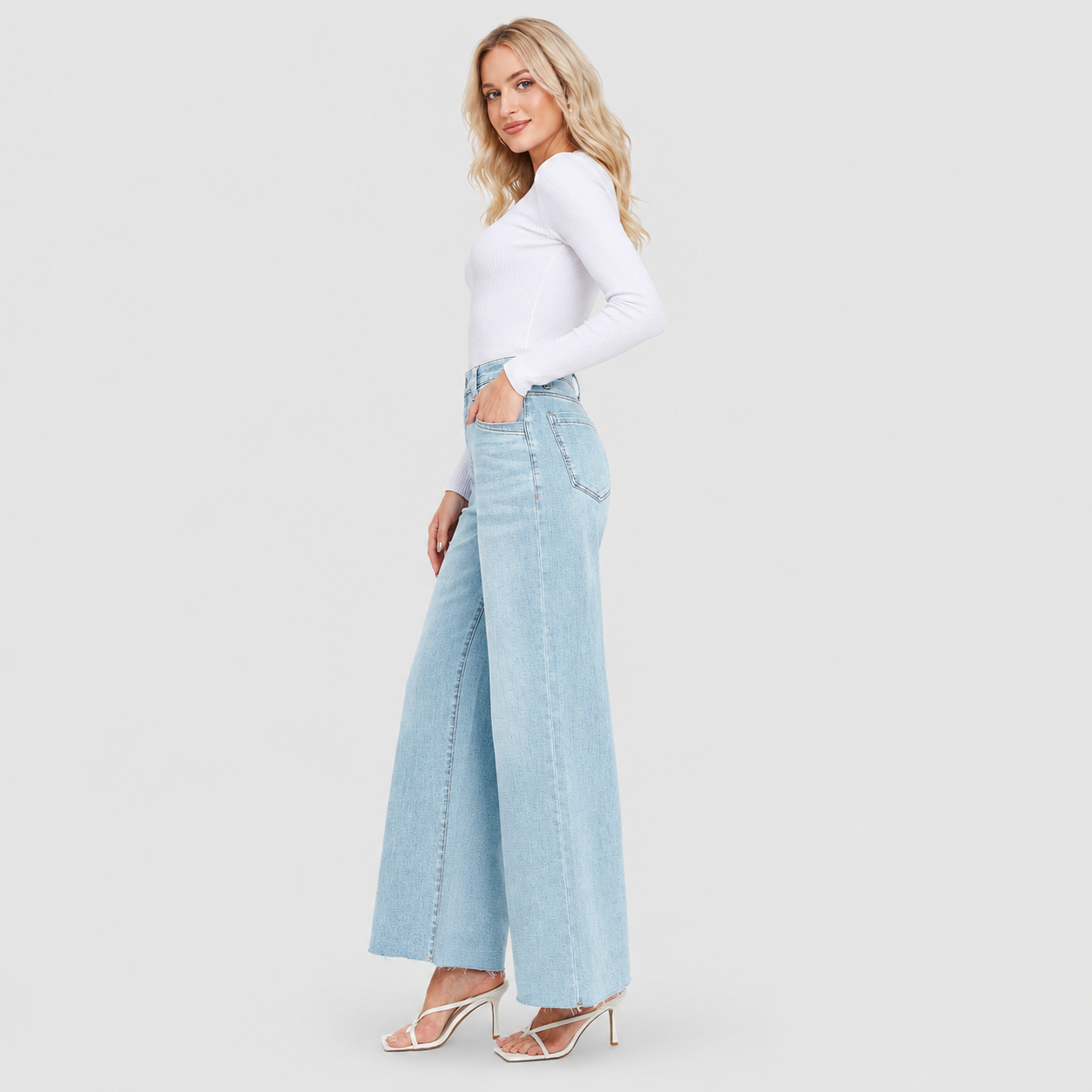 Women's High Waisted Wide Leg Jeans - Stretch Denim Pants with Raw Hem