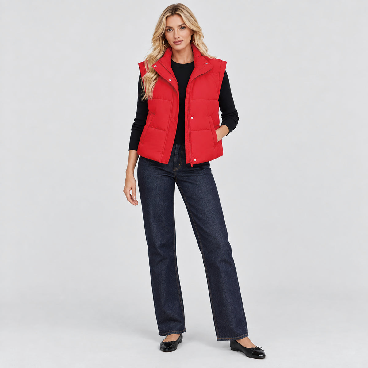 Womens Lightweight Cropped Puffer Vest with Stand Collar