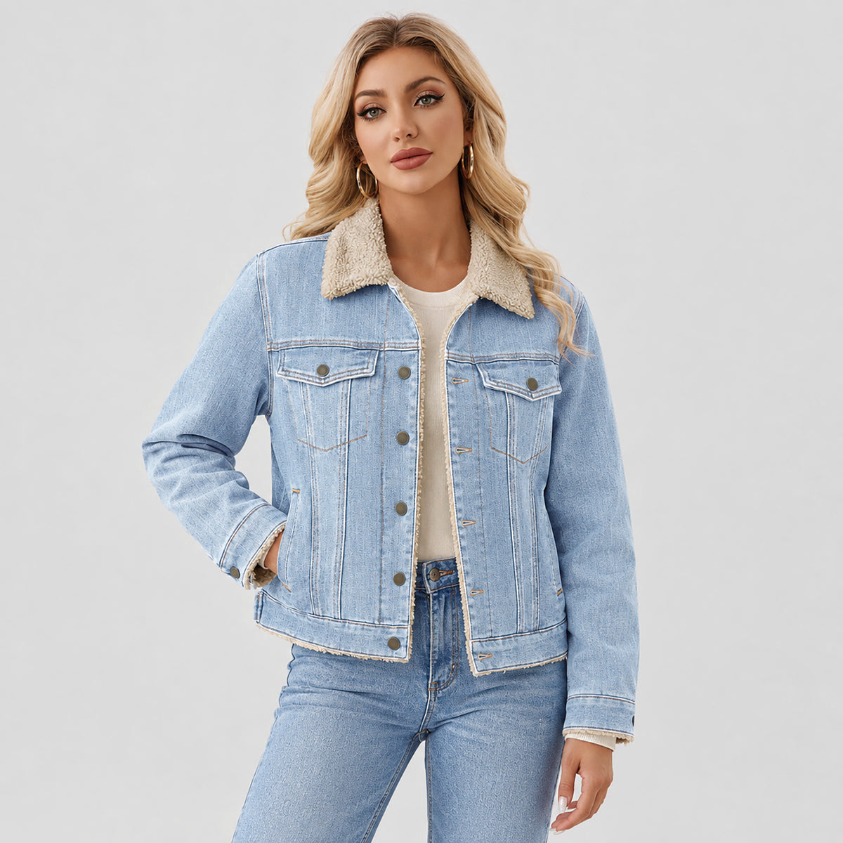 Women's Fleece-Lined Denim Jacket with Warm Collar and Pockets