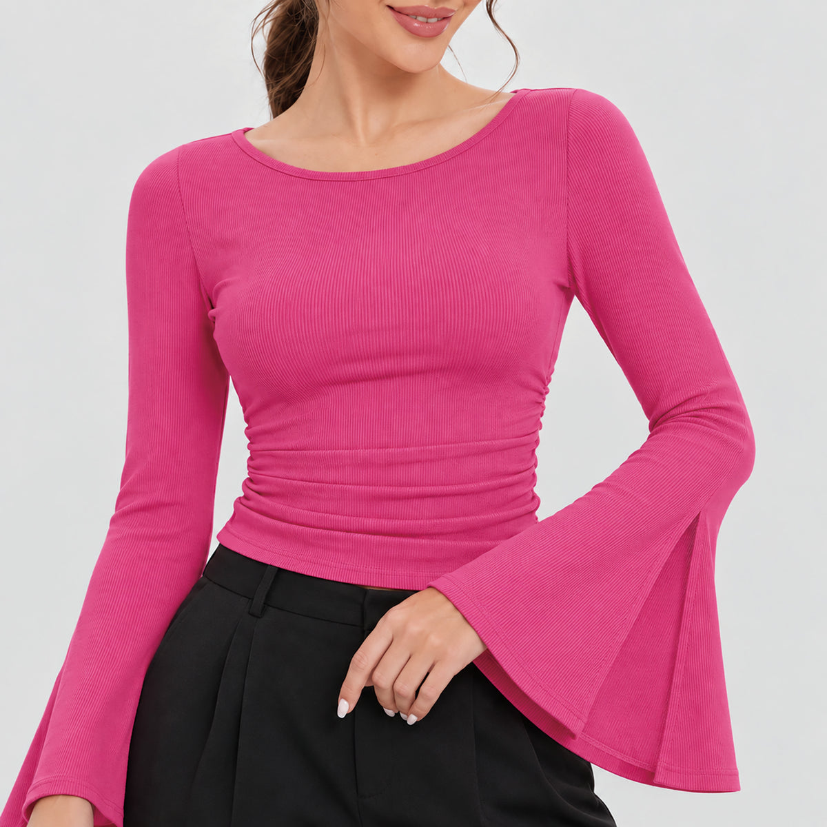 Women's Ribbed Boat Neck Long Sleeve Top Fitted Ruched Casual Shirt