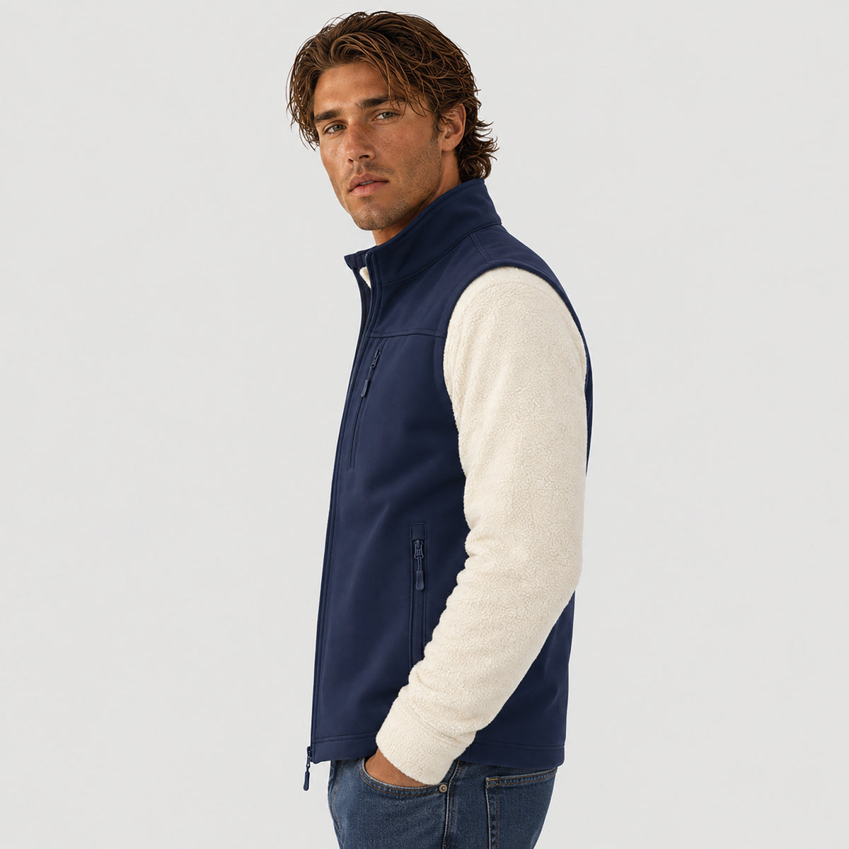 Men's Waterproof Softshell Vest 6-Pocket Fleece Lined Golf Windbreaker