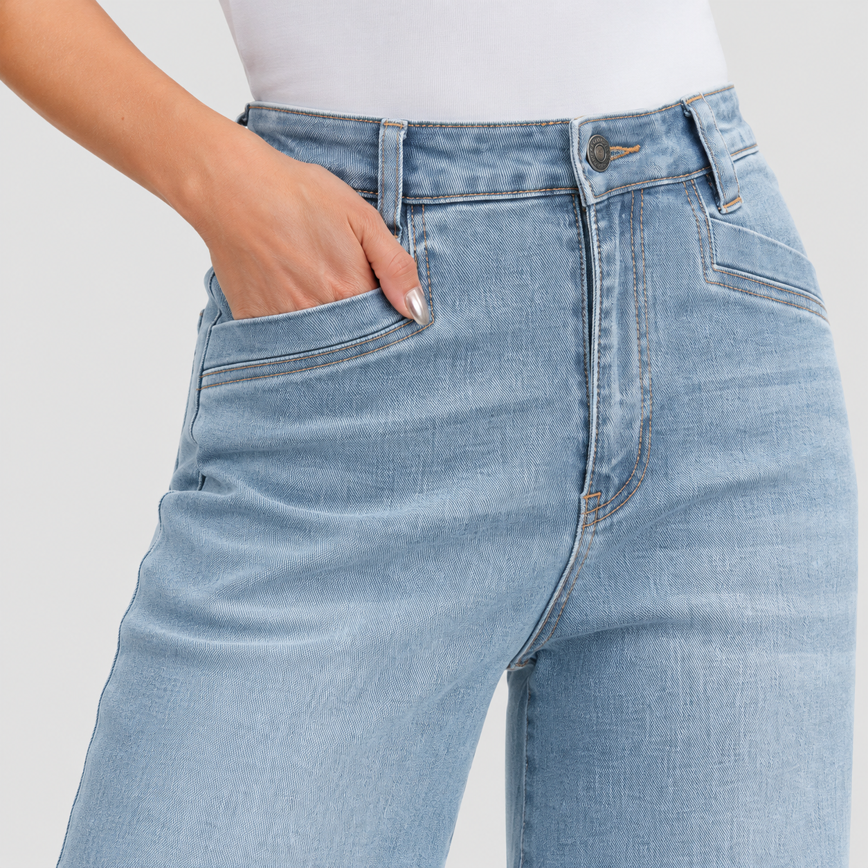 Women's High Waisted Wide Leg Jeans - Stretch Denim Pants with Raw Hem