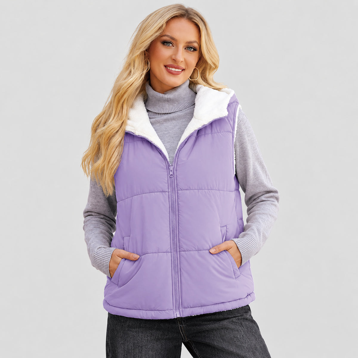 Women's Reversible Fleece Lined Puffer Vest Lightweight Winter Vest with Hood