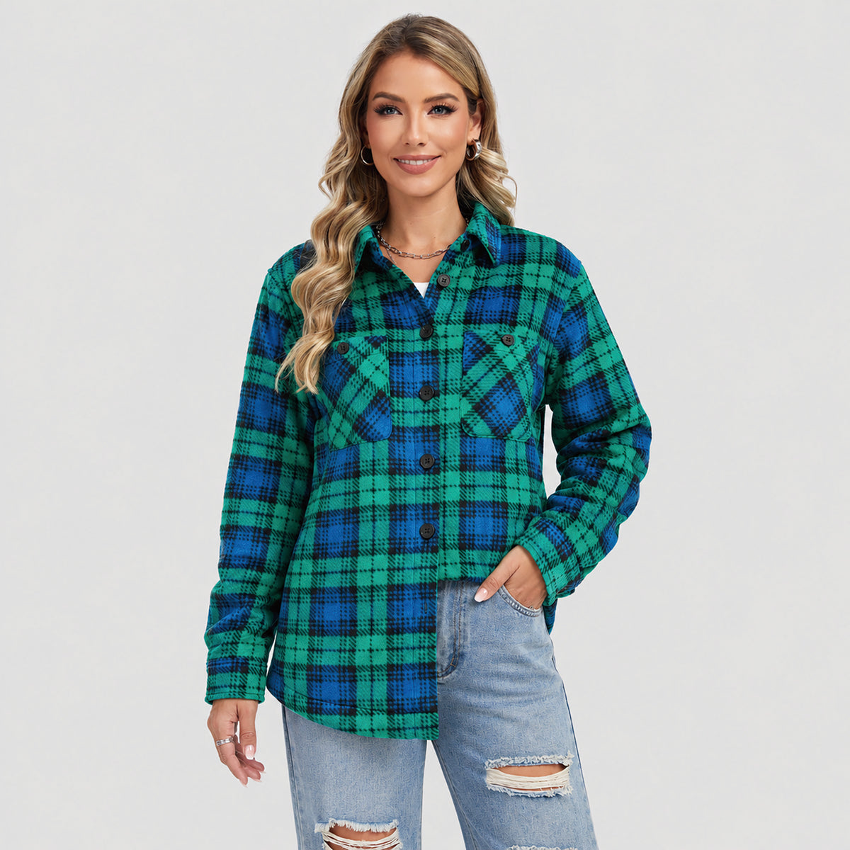 Women's Sherpa Lined Plaid Shacket Warm Flannel Jacket for Fall Winter