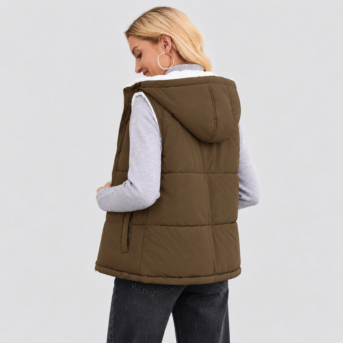 Women's Reversible Fleece Lined Puffer Vest Lightweight Winter Vest with Hood