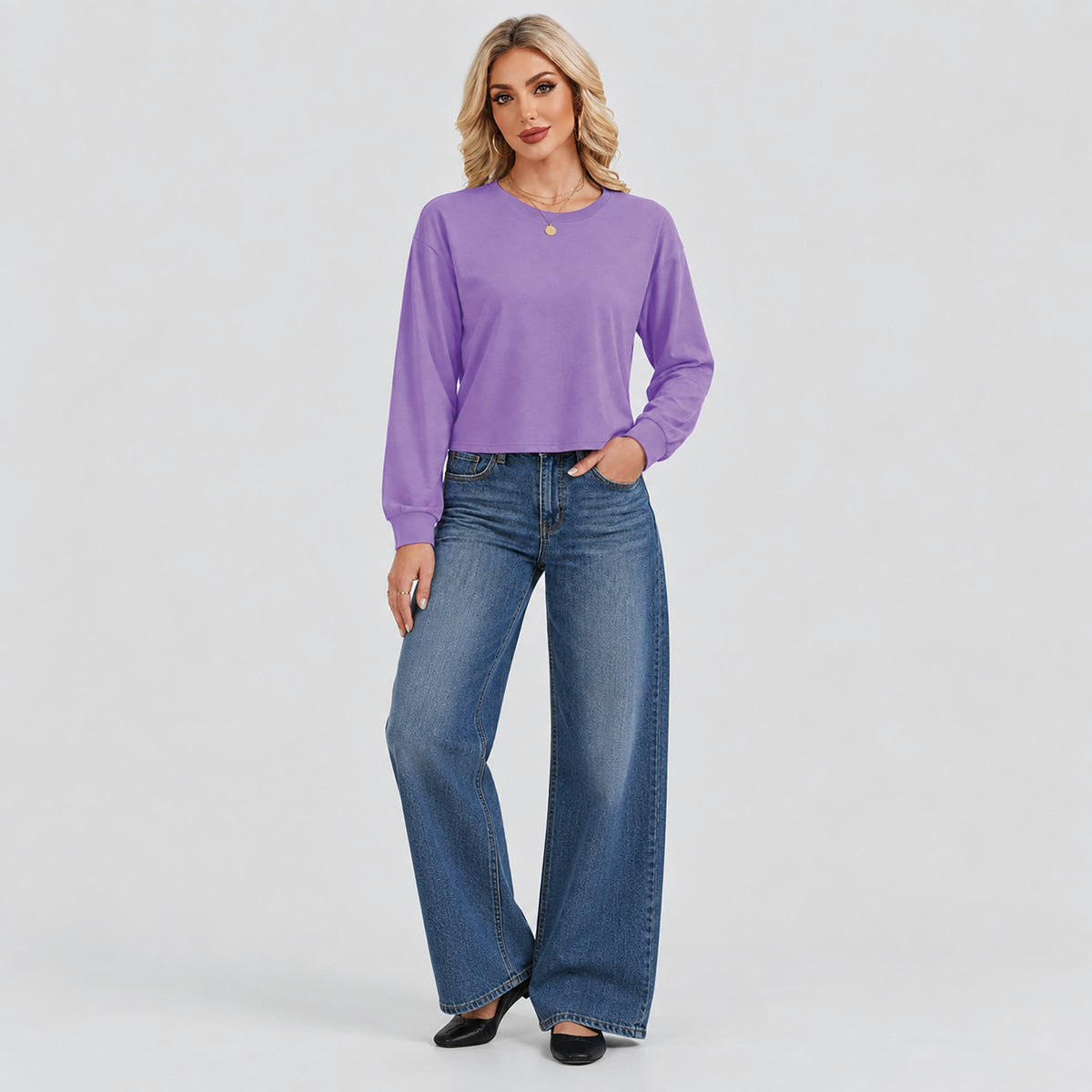 Women's Long Sleeve Cropped Top Crew Neck Casual Lightweight Shirt