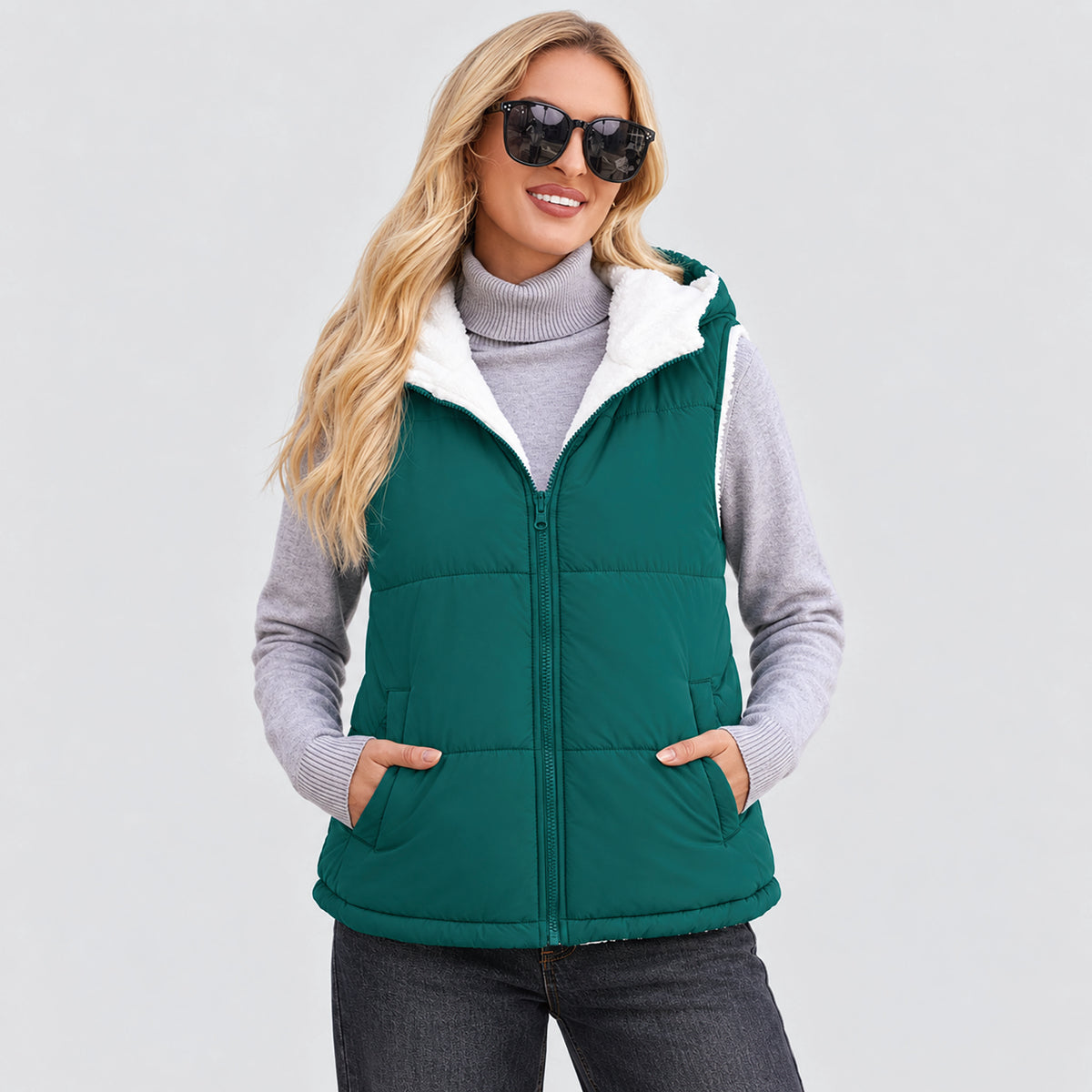 Women's Reversible Fleece Lined Puffer Vest Lightweight Winter Vest with Hood