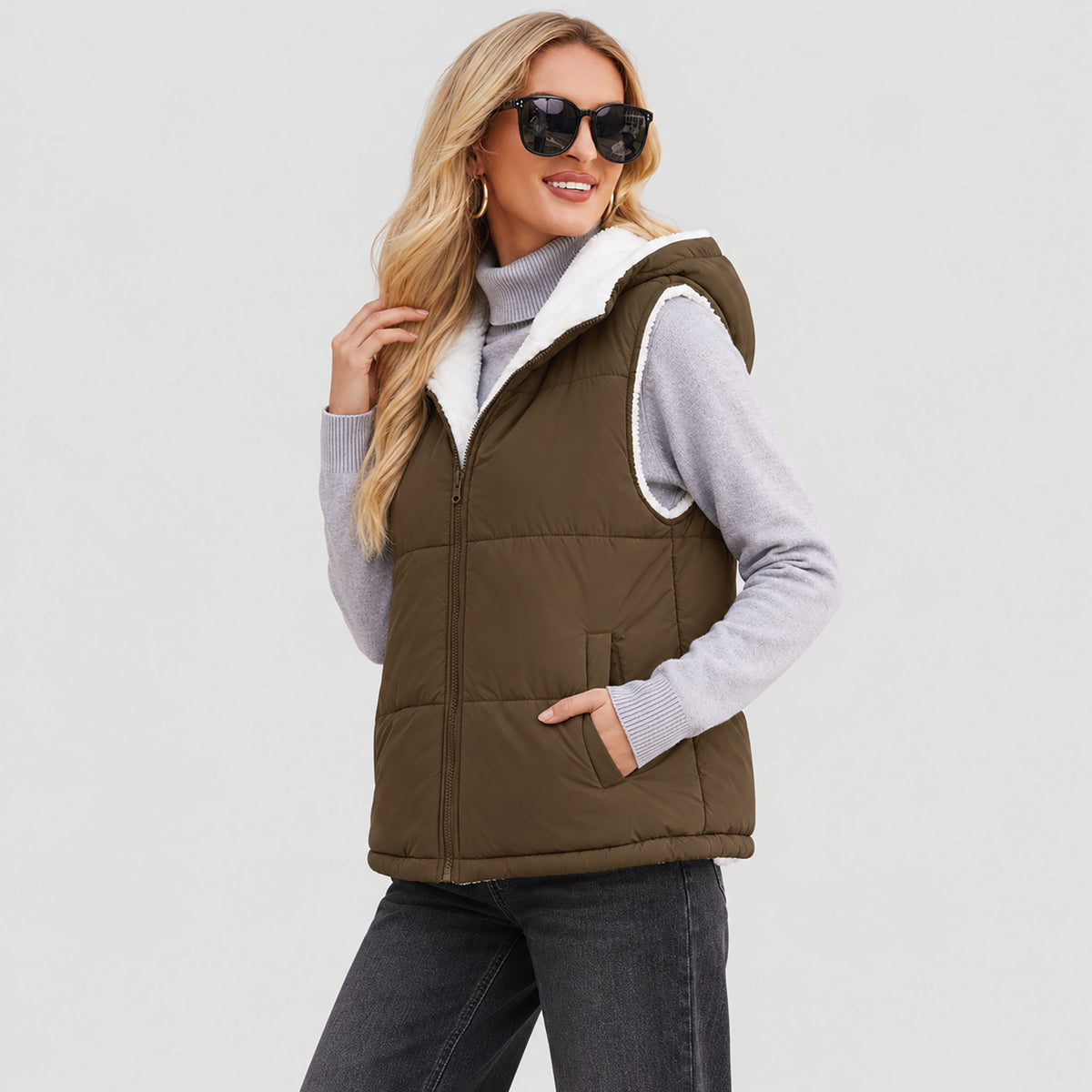 Women's Reversible Fleece Lined Puffer Vest Lightweight Winter Vest with Hood