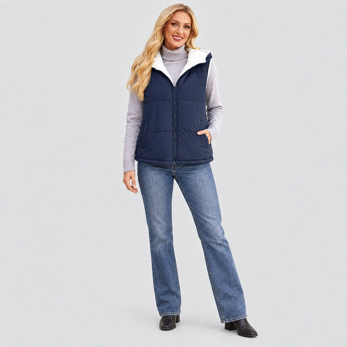 Women's Reversible Fleece Lined Puffer Vest Lightweight Winter Vest with Hood