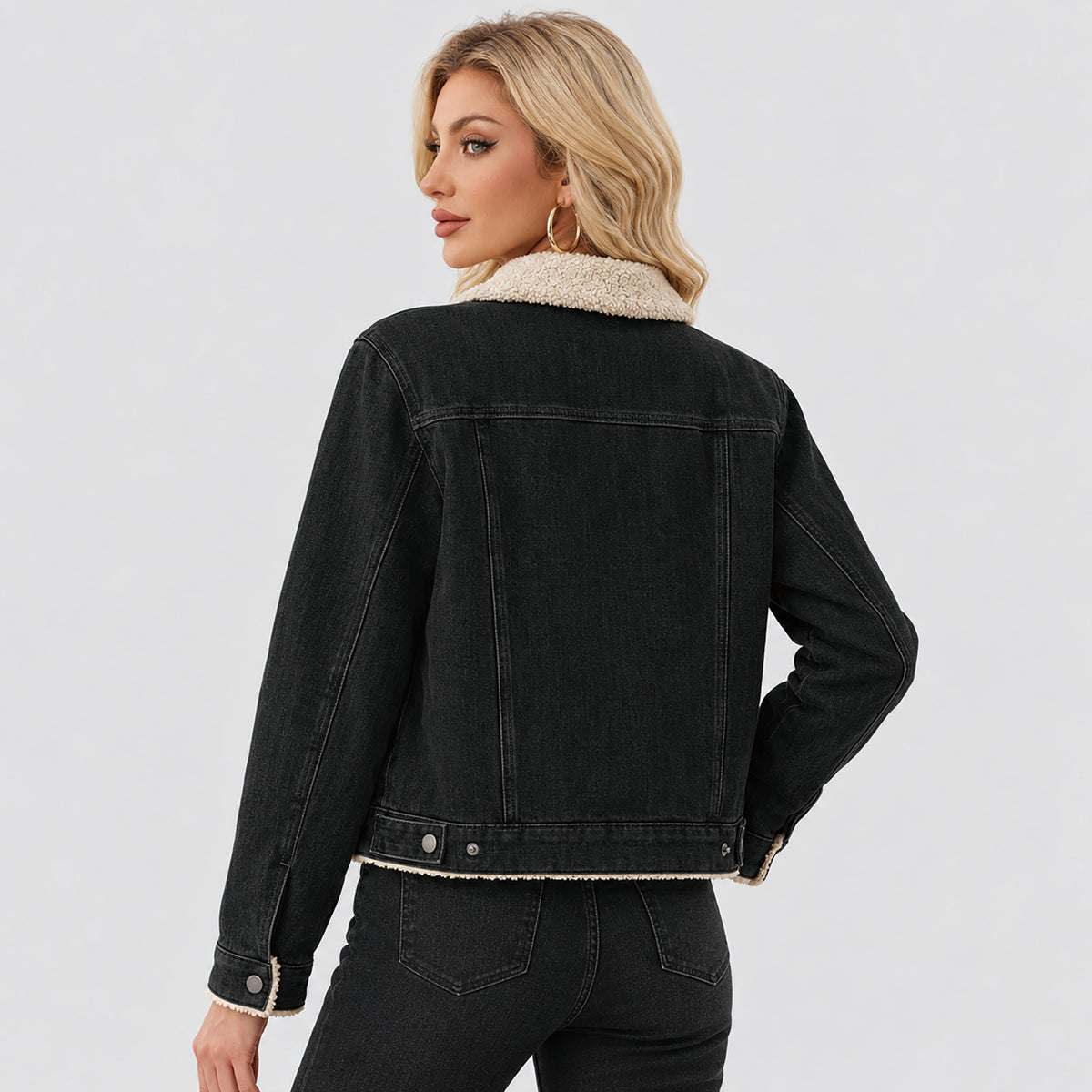 Women's Fleece-Lined Denim Jacket with Warm Collar and Pockets