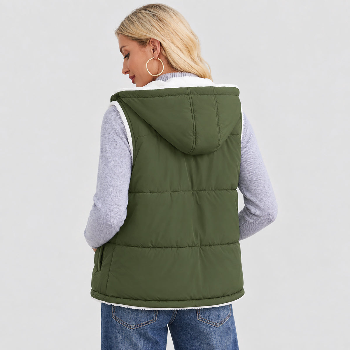 Women's Reversible Fleece Lined Puffer Vest Lightweight Winter Vest with Hood
