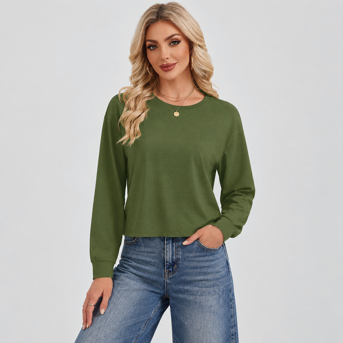 Women's Long Sleeve Cropped Top Crew Neck Casual Lightweight Shirt