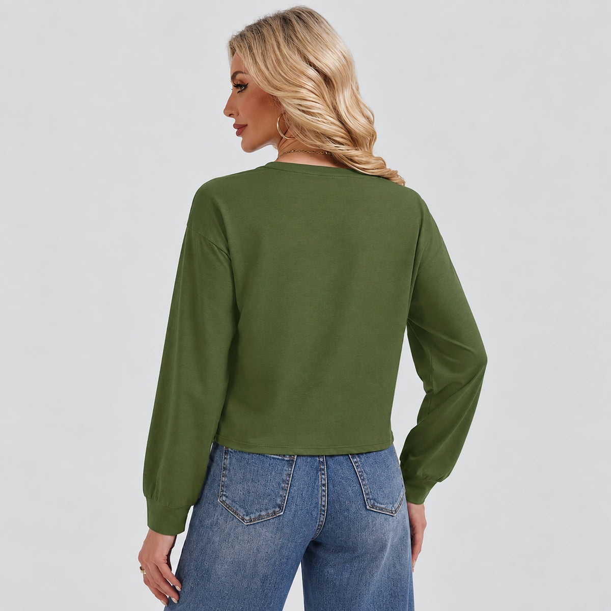 Women's Long Sleeve Cropped Top Crew Neck Casual Lightweight Shirt