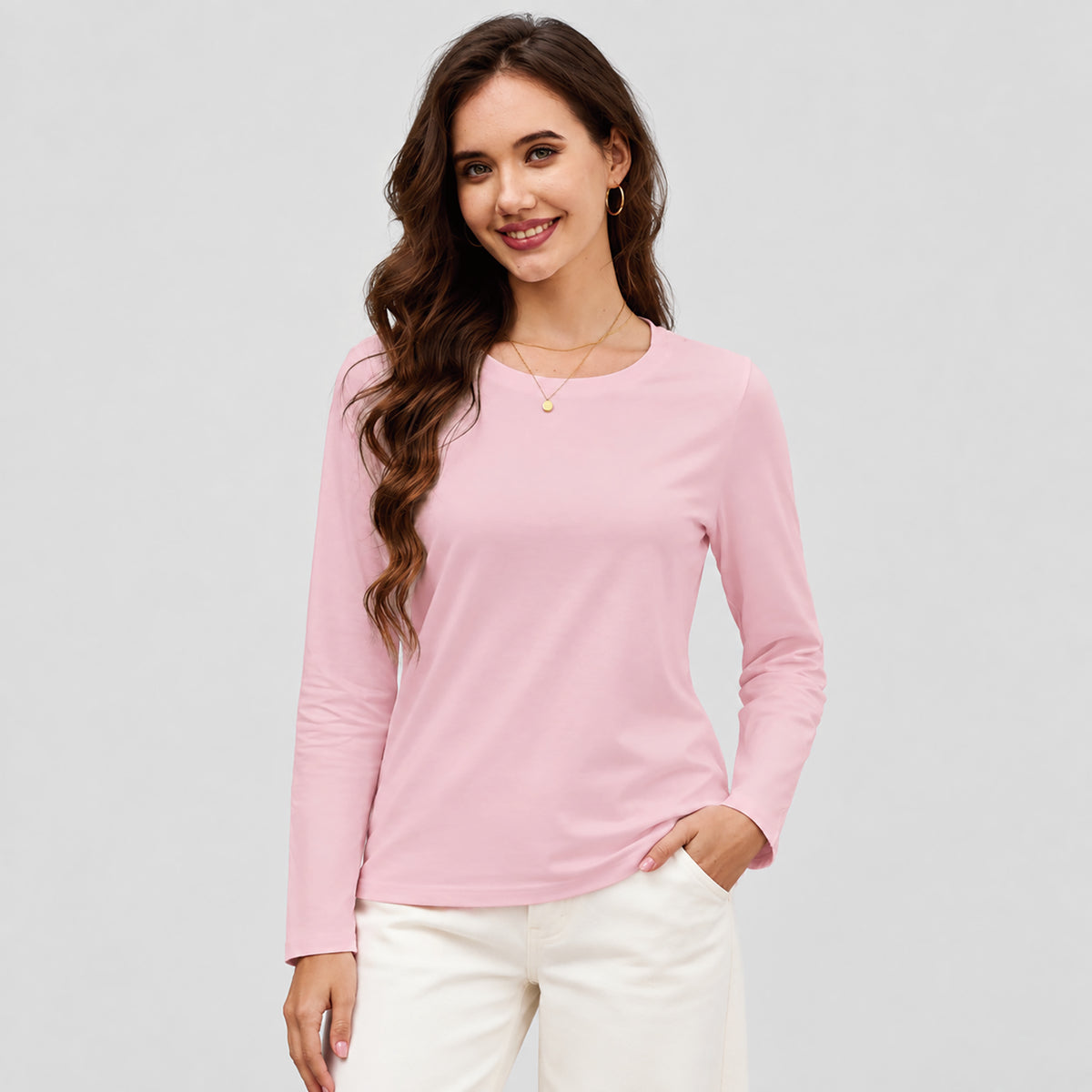 Women's Cotton Long Sleeve Crew Neck T Shirt Soft Casual Basic Tee