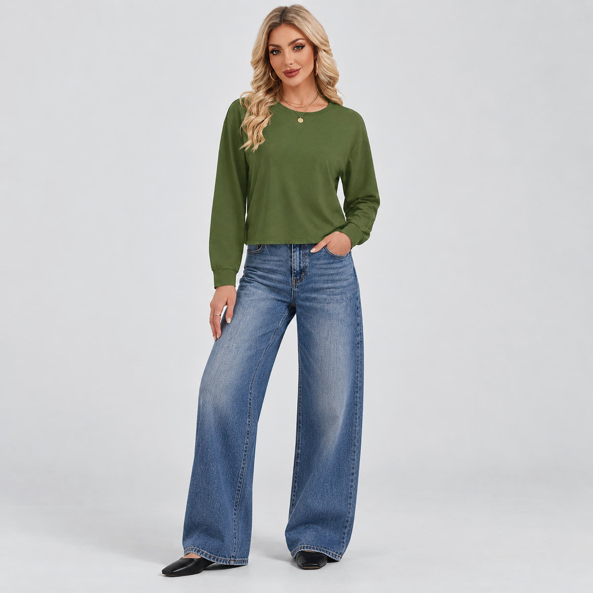 Women's Long Sleeve Cropped Top Crew Neck Casual Lightweight Shirt