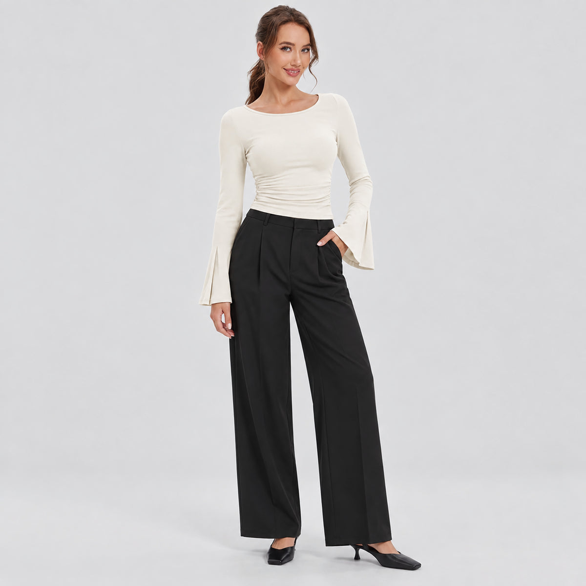 Women's Ribbed Boat Neck Long Sleeve Top Fitted Ruched Casual Shirt