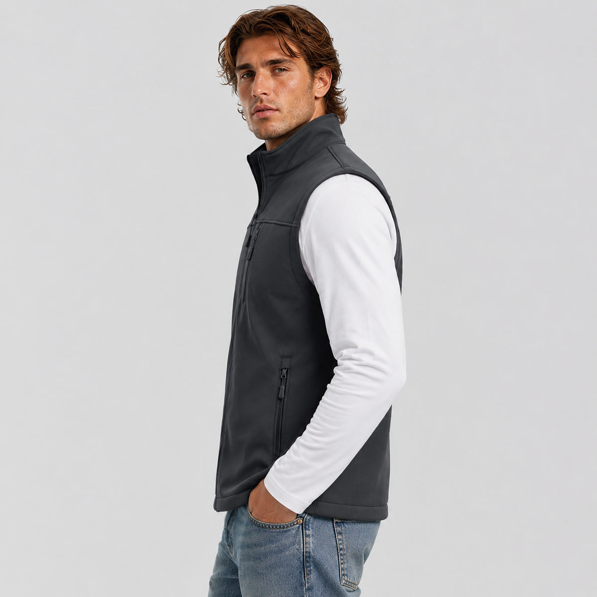 Men's Waterproof Softshell Vest 6-Pocket Fleece Lined Golf Windbreaker