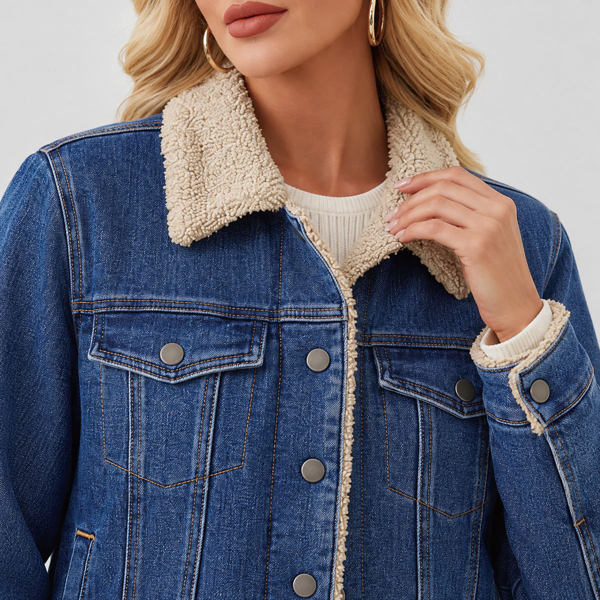 Women's Fleece-Lined Denim Jacket with Warm Collar and Pockets