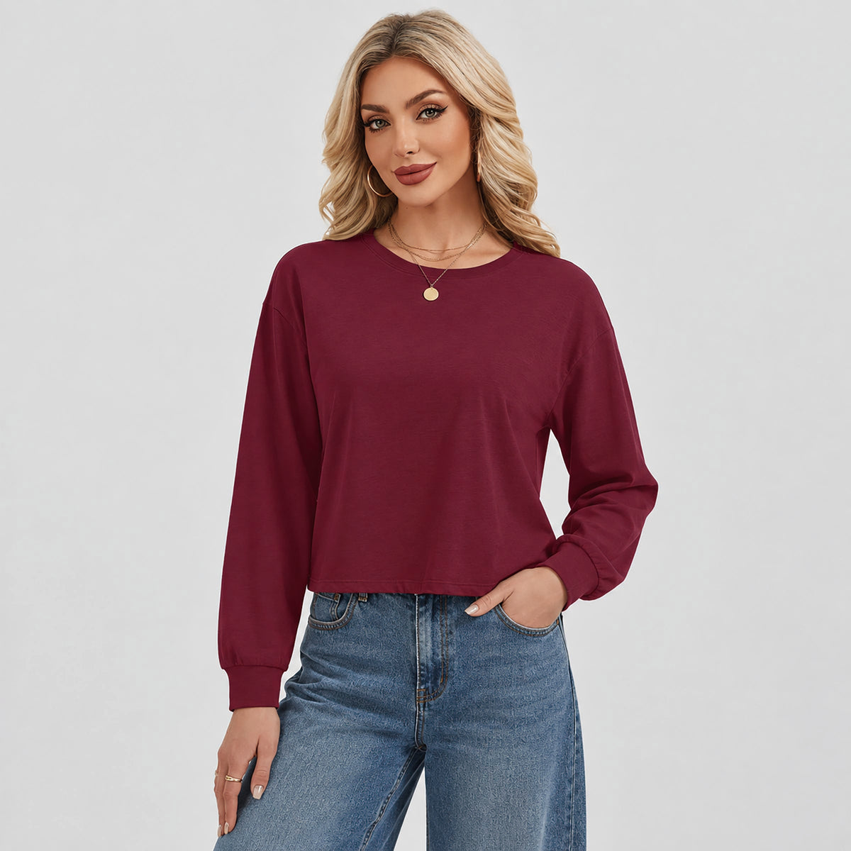 Women's Long Sleeve Cropped Top Crew Neck Casual Lightweight Shirt