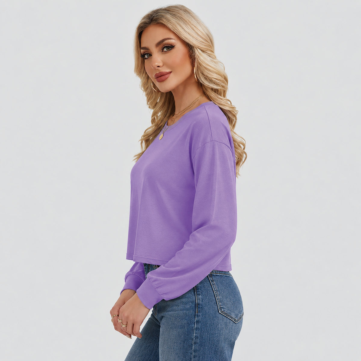 Women's Long Sleeve Cropped Top Crew Neck Casual Lightweight Shirt
