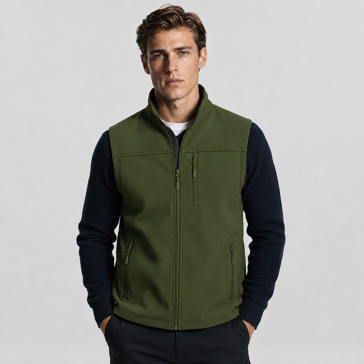 Men's Waterproof Softshell Vest 6-Pocket Fleece Lined Golf Windbreaker