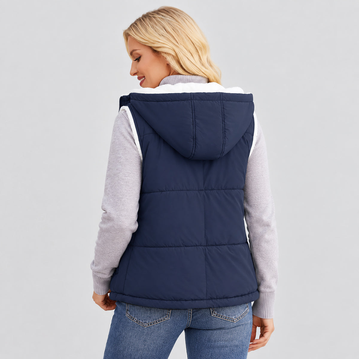 Women's Reversible Fleece Lined Puffer Vest Lightweight Winter Vest with Hood