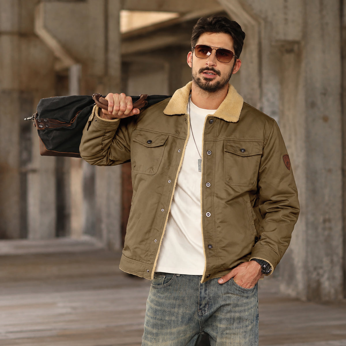 Men's Sherpa Lined Trucker Jacket | Casual Denim Canvas Coat